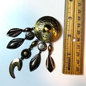 Vintage Southwestern Style Brooch Pin with Multiple Dangle Charm Accents Boho